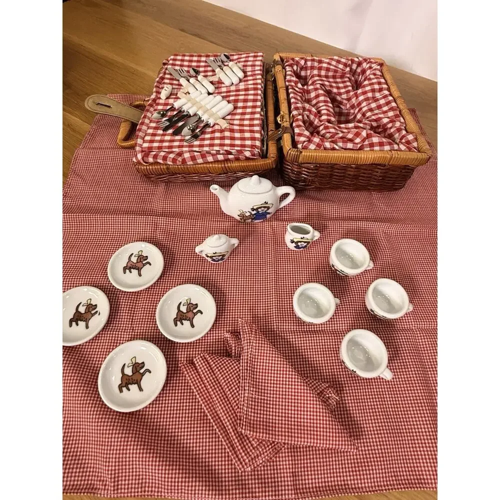 Vintage Schylling Madeline Tea Set Wicker Picnic Basket Complete Set Gingham 90s